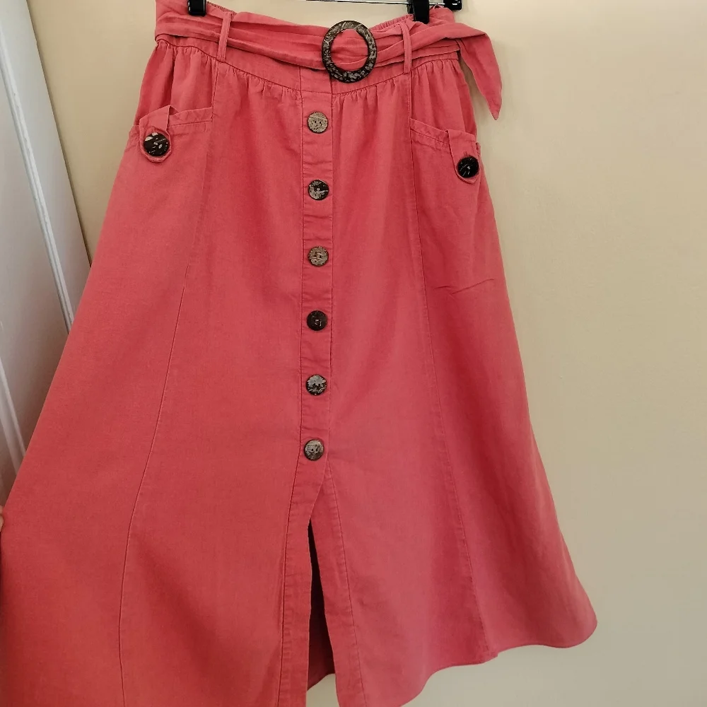 Topshop Linen Blend Orange A-Line Skirt Decorative Buttons Belt 6 Office Travel